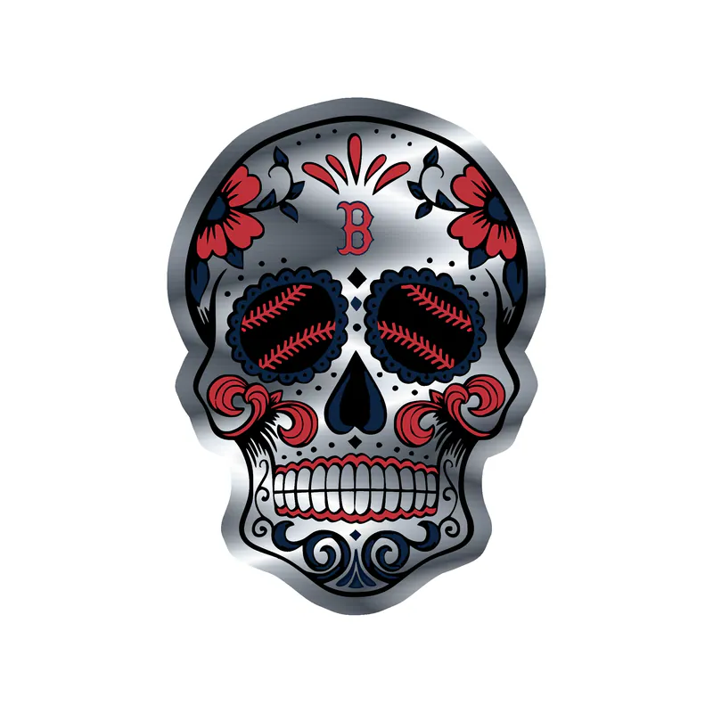 Boston Red Sox - Sugar Skull With Baseball Eyes - Silver Chrome Vinyl Sticker - Custom Size