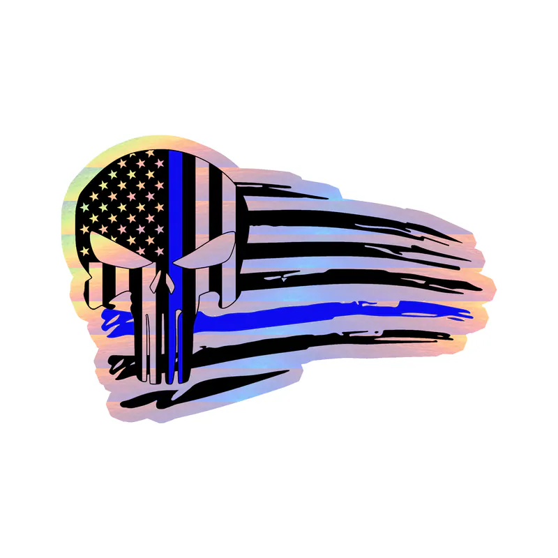 Punisher American Flag Blue Line Holographic Vinyl Decal - custom size