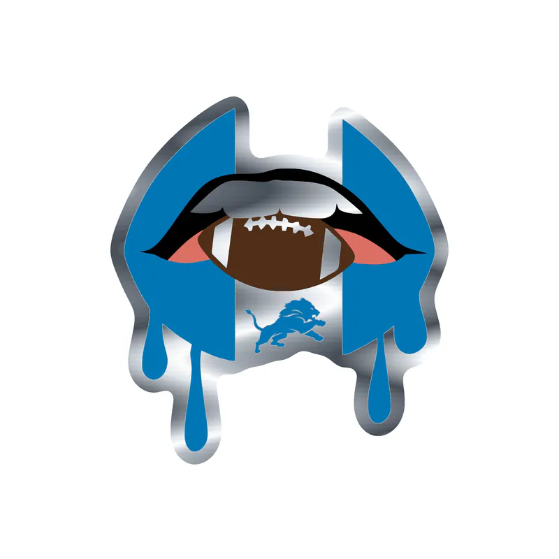 Detroit Lions - Lips With Football - Silver Chrome Vinyl Sticker - Custom Size