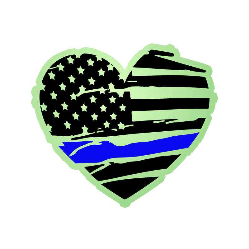 Distressed Blue Line American Flag Heart - Glow in the Dark Vinyl Decal - custom size