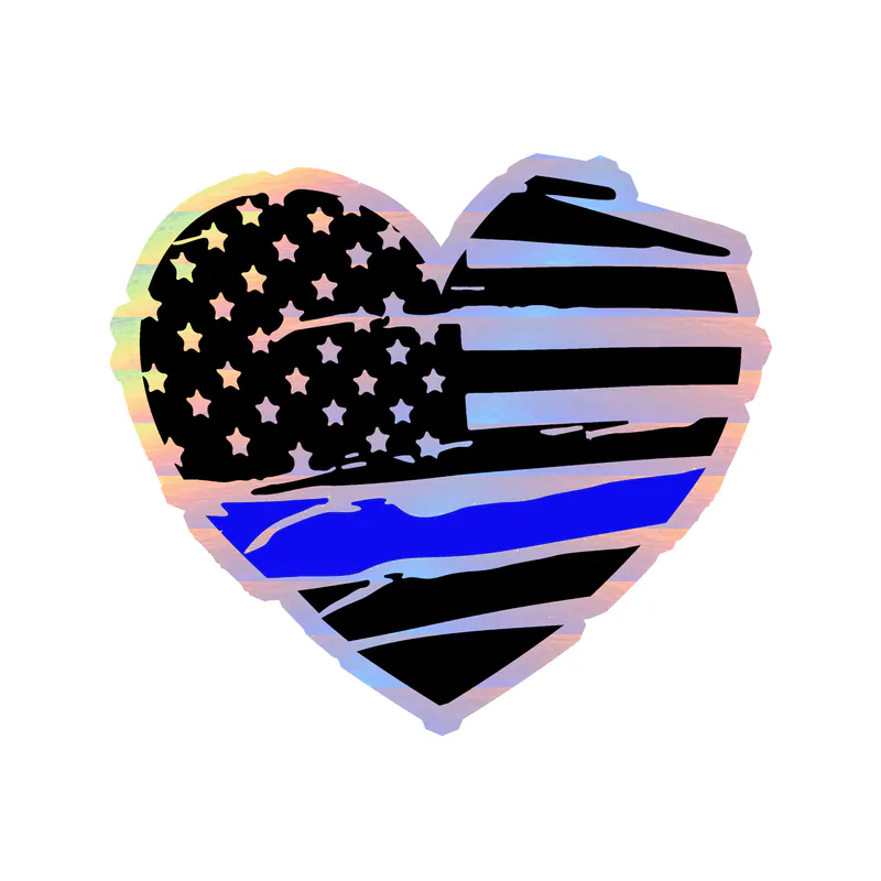 Distressed Blue Line American Flag Heart - Holographic Vinyl Decal - custom size
