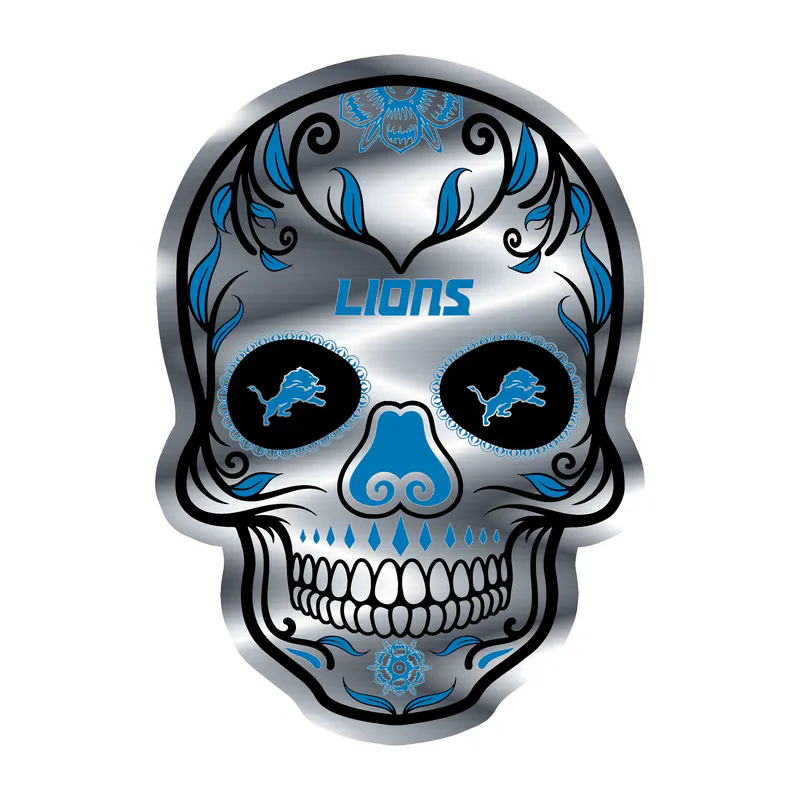 Detroit Lions - Sugar Skull - Silver Chrome Vinyl Sticker - Custom Size