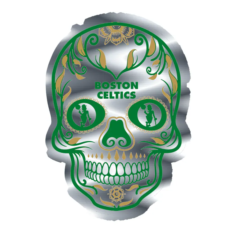 Boston Celtics - Sugar Skull - Silver Chrome Vinyl Sticker - Custom Size