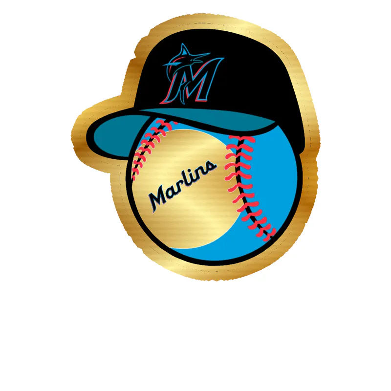 Miami Marlins - Baseball With Hat - Gold Chrome Vinyl Sticker - Custom Size