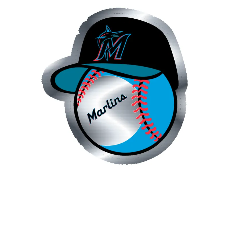 Miami Marlins - Baseball With Hat - Silver Chrome Vinyl Sticker - Custom Size