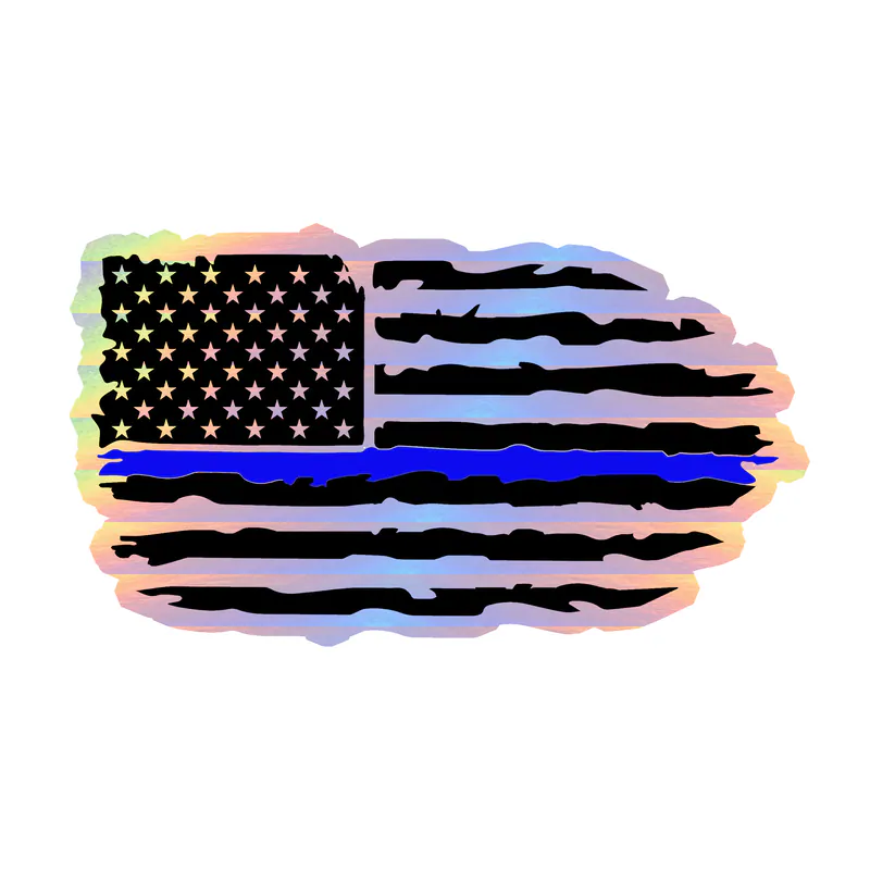 Distressed Blue Line American Flag - Holographic Vinyl Decal - custom size