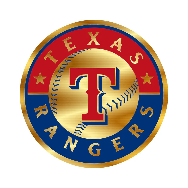 Texas Rangers - Red And Blue Circle With Baseball - Gold Chrome Vinyl Sticker - Custom Size