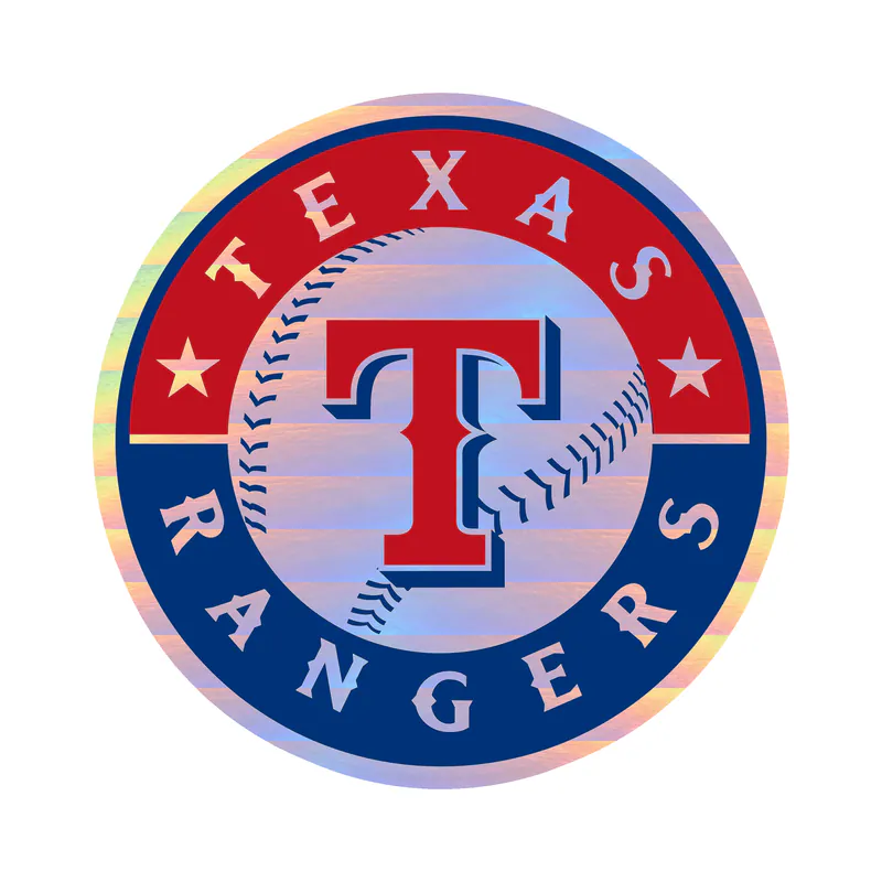 Texas Rangers - Red And Blue Circle With Baseball - Holographic Vinyl Sticker - Custom Size