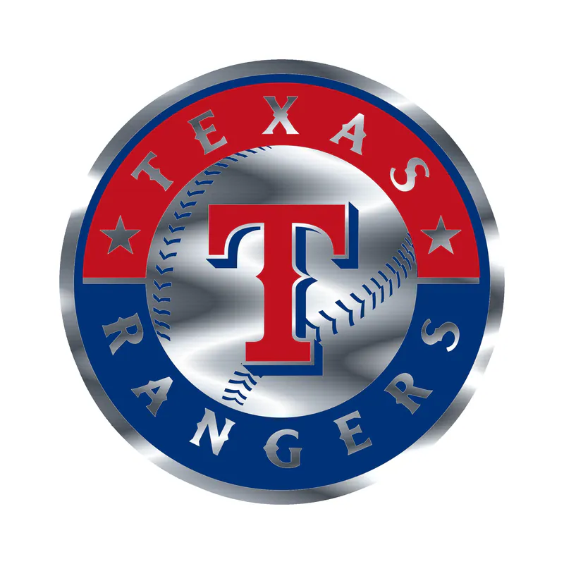 Texas Rangers - Red And Blue Circle With Baseball - Silver Chrome Vinyl Sticker - Custom Size