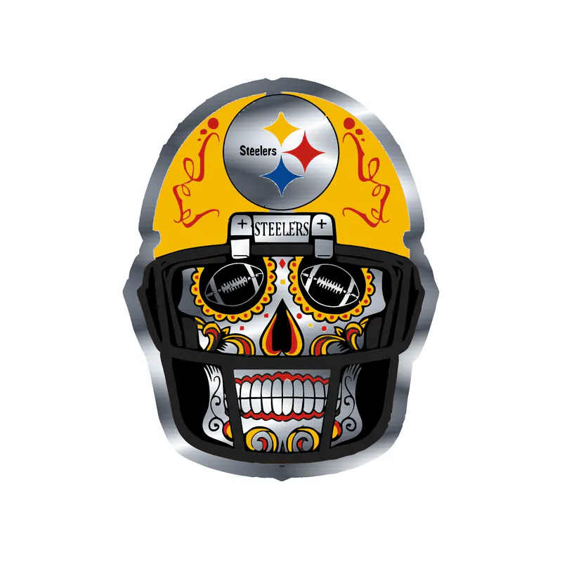 Pittsburgh Steelers - Skull With Helmet - Silver Chrome Vinyl Sticker - Custom Size