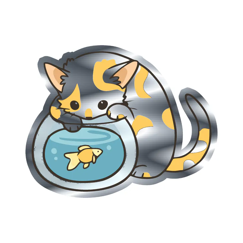 Cat Fish Bowl - Silver Chrome Vinyl Sticker - Custom Size