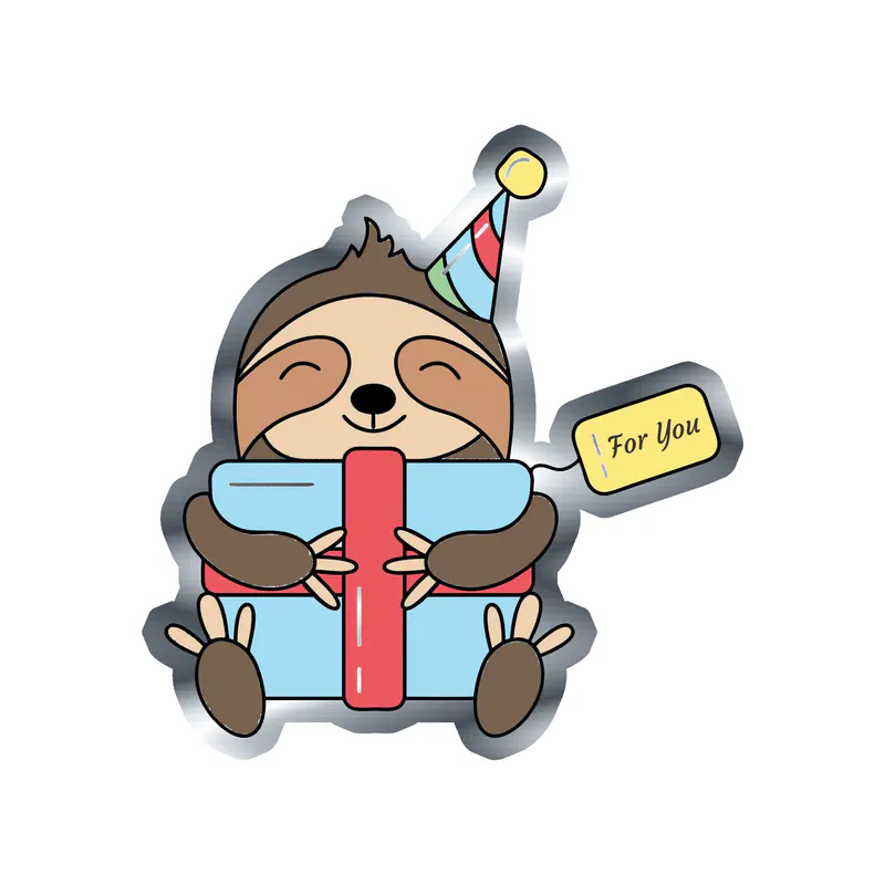 Birthday Sloth - Silver Chrome Vinyl Decal - Custom Size