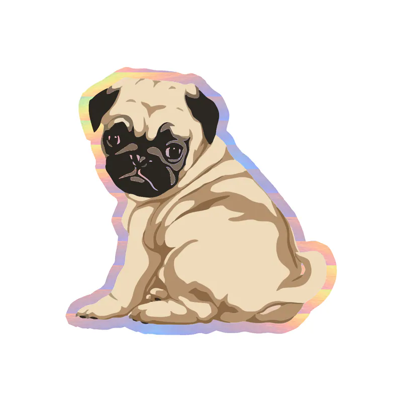 Tan Pug - Holographic Vinyl Sticker - Custom Size